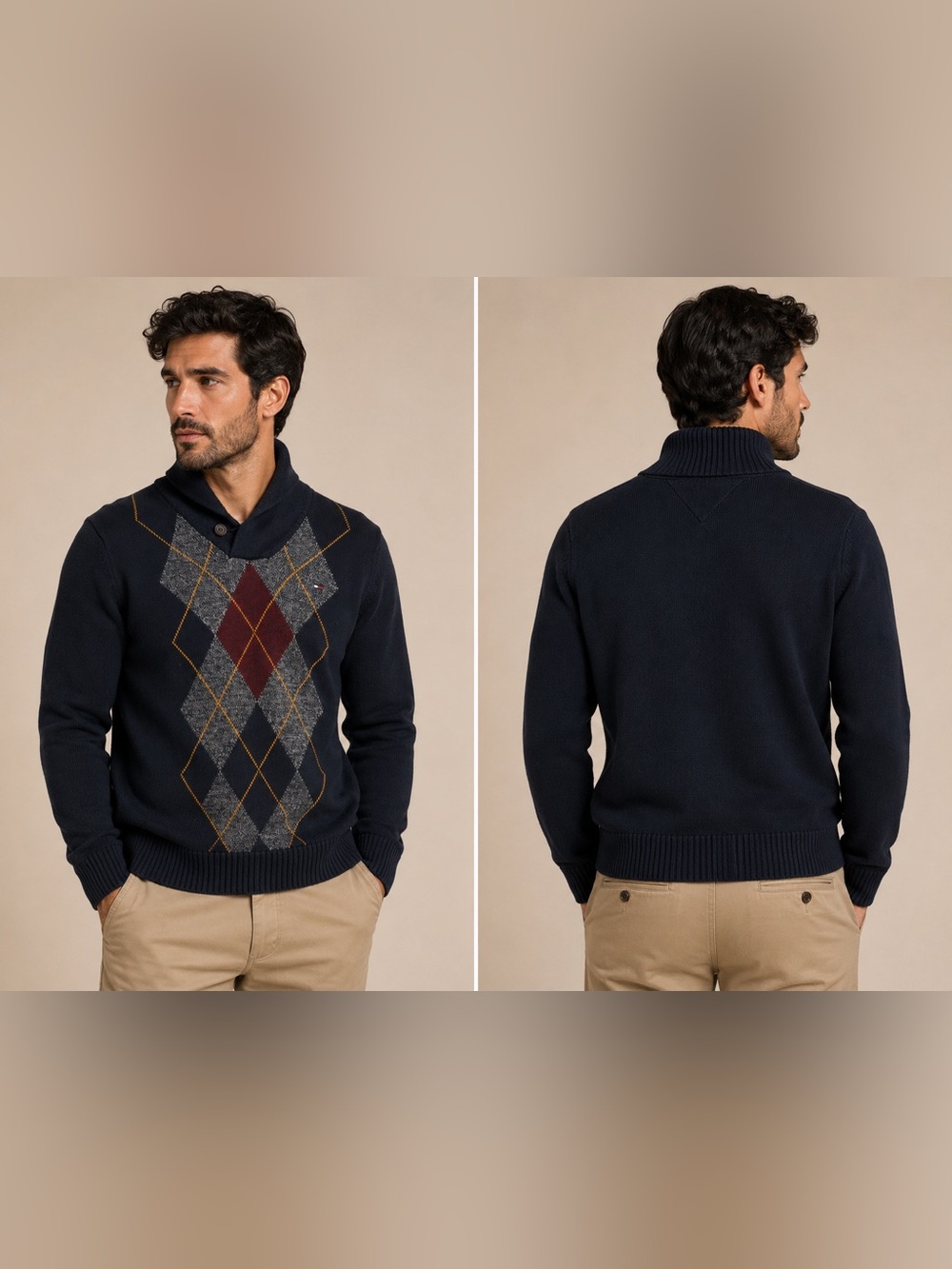 Tommy Hilfiger Argyle Shawl Collar Sweater Men's Large Navy